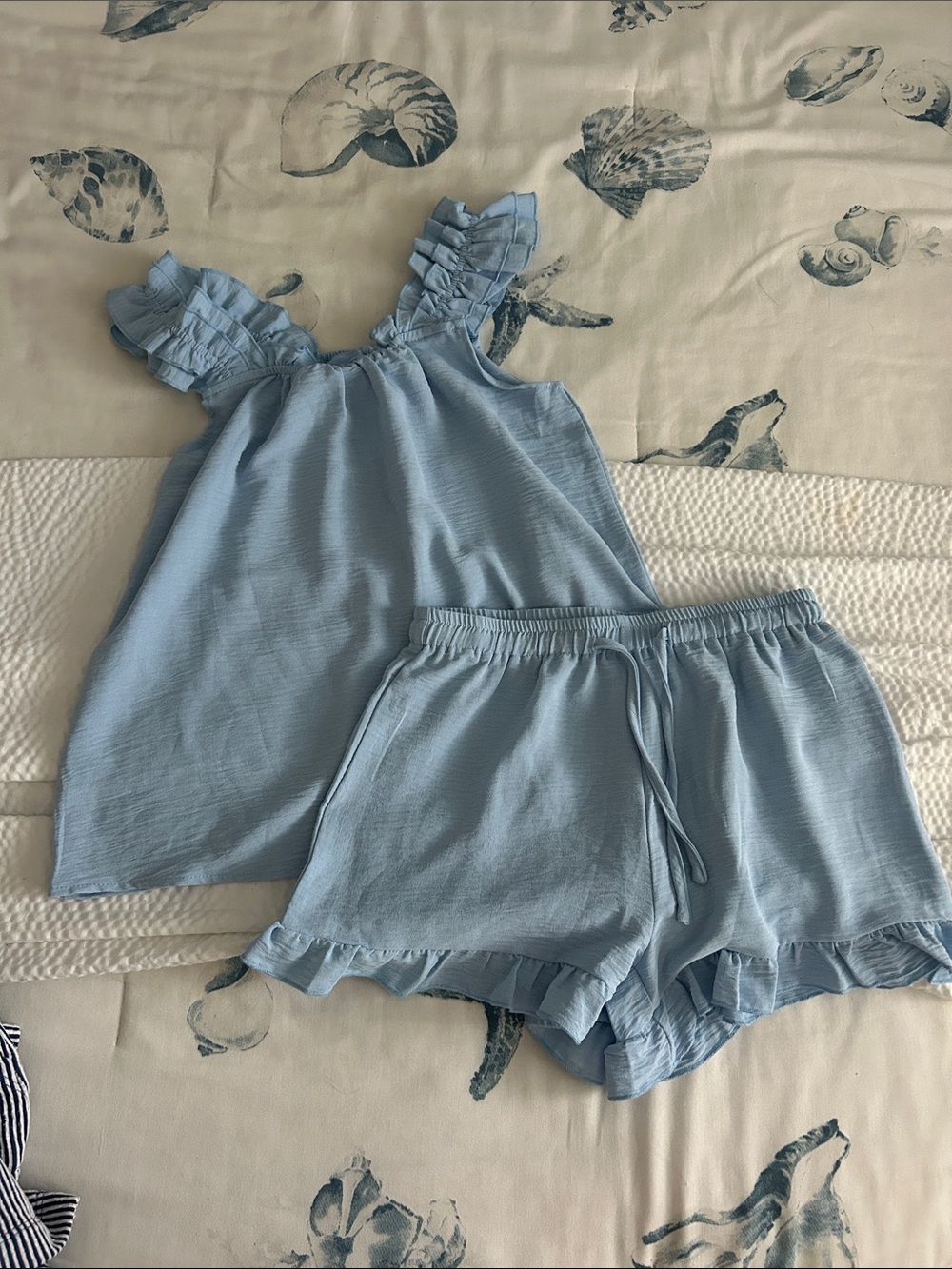 Amazon Light Blue Ruffle-Trim Pajama Set - Tank & Shorts